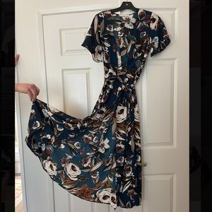 Floor length floral wrap around dress
